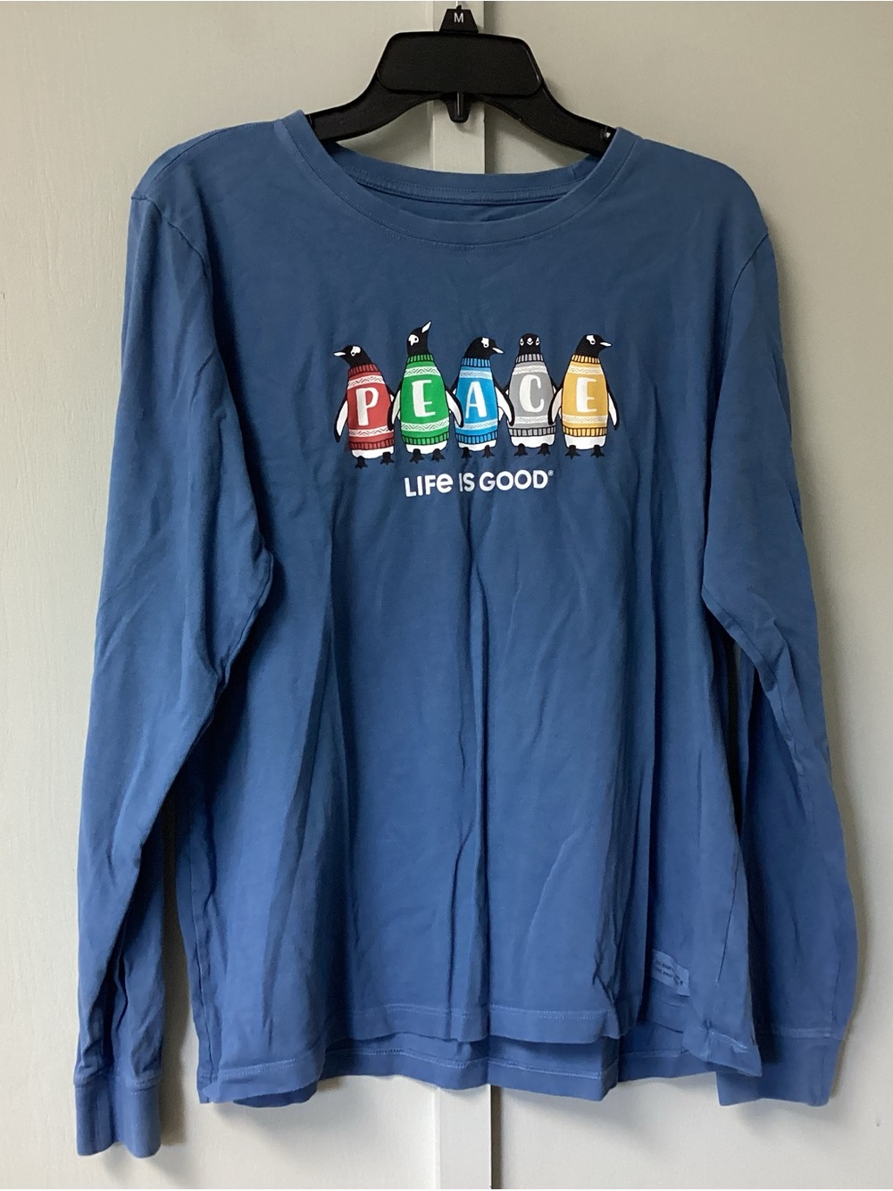 Life Is Good Blue Long Sleeve Tee with Colorful 'PEACE' Penguin Graphic L